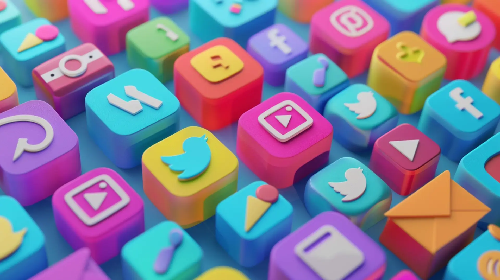 Kunskapsbank 2 Färgglada 3D-ikoner för sociala medieplattformar som Instagram, Twitter, Facebook och YouTube, symboliserar Social Search och digital synlighet.