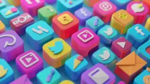 Färgglada 3D-ikoner för sociala medieplattformar som Instagram, Twitter, Facebook och YouTube, symboliserar Social Search och digital synlighet.