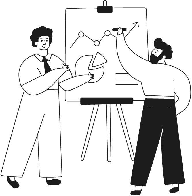Startsidan 19 Två män står vid en whiteboard och ritar en graf. Crevo webbyrå
