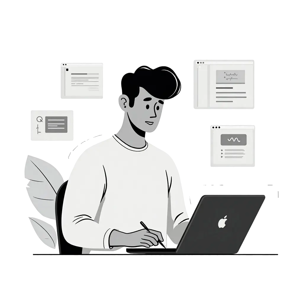 Tjänster 2 Illustration av en man som arbetar med webbutveckling vid en bärbar dator, omgiven av digitala fönster och kodsnuttar.